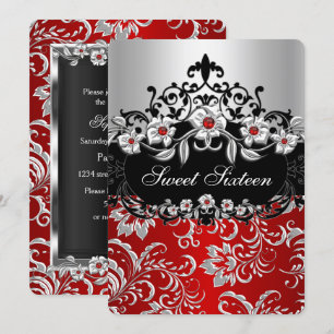 Convite Doce 16 Vermelho Prata Preto Floral Jóia Festa