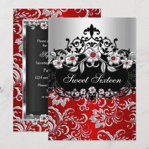 Convite Doce 16 Vermelho Prata Preto Floral Jóia Festa