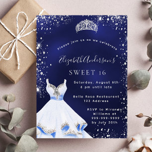 Convite Doce 16 vestido azul de tiara com brilho prateado