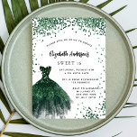 Convite Doce 16 vestido verde esmeralda luxo<br><div class="desc">Um convite moderno,  na moda e glamouroso para uma doce festa de aniversário 16,  16. Na frente: Um fundo branco com brilhos verdes,  um vestido verde esmeralda. O nome é escrito com um moderno estilo escrito à mão. Personalize e adicione os detalhes da sua festa.</div>