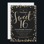 Convite Doce 16 Virtual Girly Black Glitter Aniversário Do<br><div class="desc">"Feliz Doce 16". Aqui está uma forma excelente de fazer com que sua filha ainda seja capaz de comemorar seu aniversário marcante com todos os seus amigos. Envie este convite de festas online impressionante, brilhante, giro, festivo, moderno, personalizado para um evento a lembrar. Dourada tipografia de script brilho e cobertura...</div>