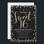 Convite Doce 16 Virtual Girly Black Glitter Aniversário Do<br><div class="desc">"Feliz Doce 16". Aqui está uma forma excelente de fazer com que sua filha ainda seja capaz de comemorar seu aniversário marcante com todos os seus amigos. Envie este convite de festas online impressionante, brilhante, giro, festivo, moderno, personalizado para um evento a lembrar. Dourada tipografia de script brilho e cobertura...</div>