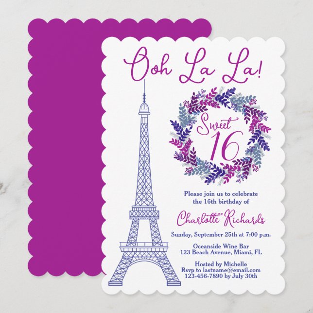 Convite Doce 16 Wreath Paris Eiffel Tower Festa de anivers (Frente/Verso)