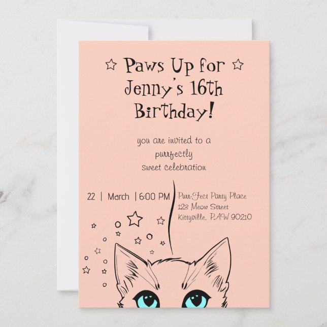 Convite Doce Aniversário de 16 anos com Tema de Gato (Frente)