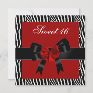 Convite Doce Aniversário de 16 anos Zebra Vermelho Preto B