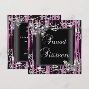 Convite Doce Aniversário de 16 Borboleta Zebra Preto Rosa