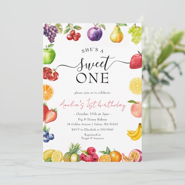 Convite Doce Aniversário de 1 Ano com Tema de Frutas para  (Em pé/Frente)