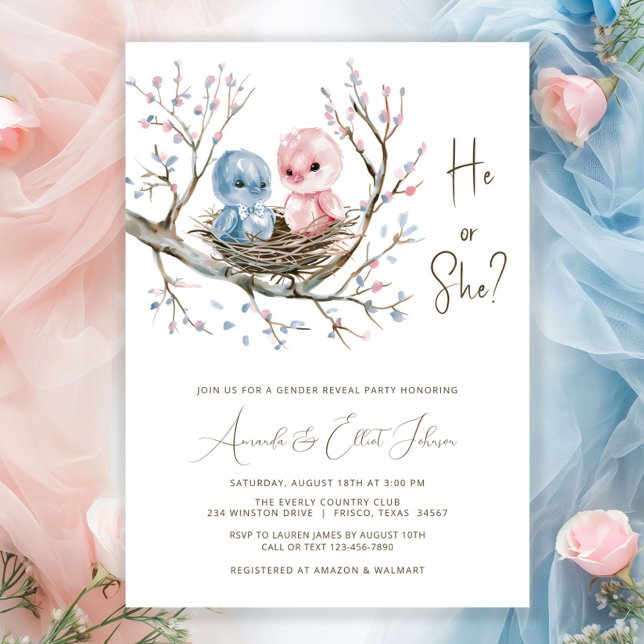 Convite Doce Aves Bebês Sexo Festa de Revenda (Sweet baby birds in a nest on a pretty pink and blue flower tree branch gender reveal invitation. )