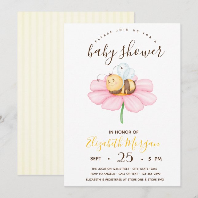 Convite Doce Bebê Abelha,Listras Baby Shower  (Frente/Verso)