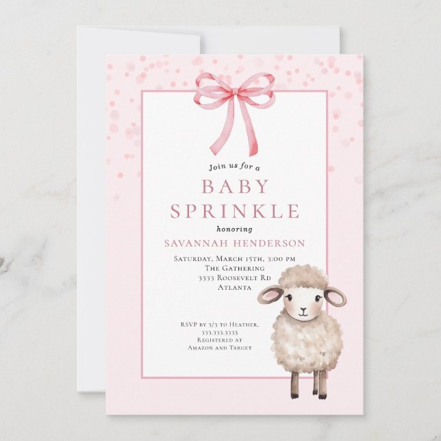 Convite Doce Bebê Rosa Sprinkle com Laço e Cordeirinho Fof (Frente)