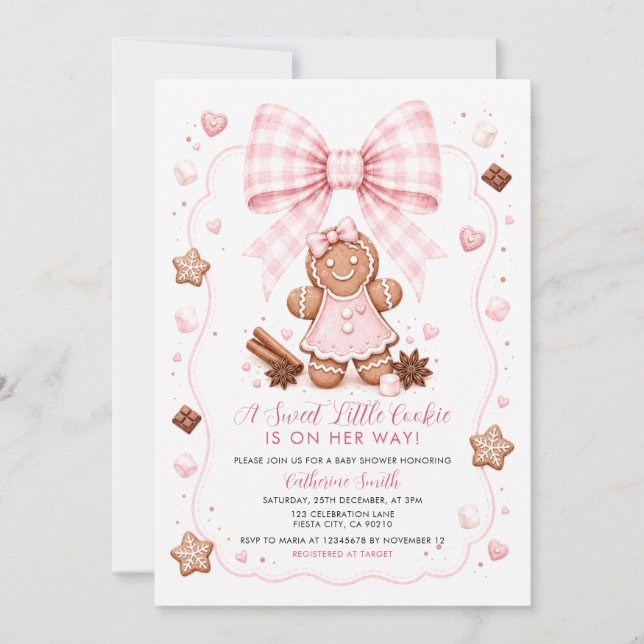 Convite Doce Biscoitinho Rosa Chamada de Chá de Bebê de Pã (Frente)