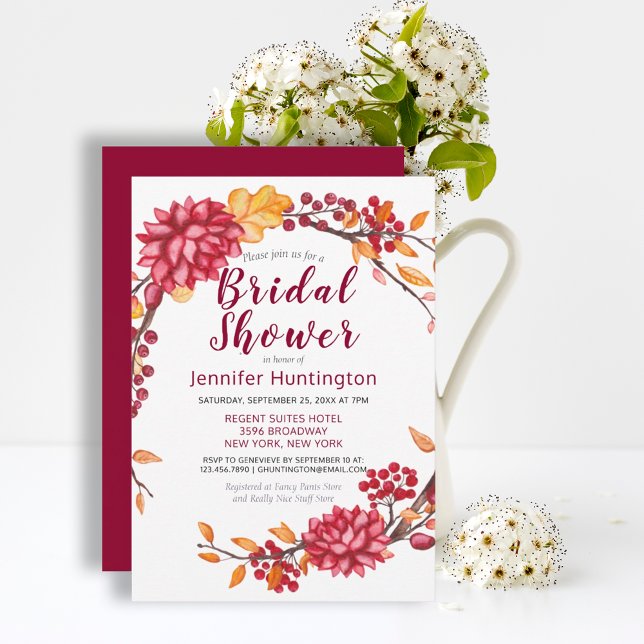 Convite Doce Burgundy Chá de panela Floral de Queda Botâni (Pretty Burgundy Fall Floral Bridal Shower Invitation
)