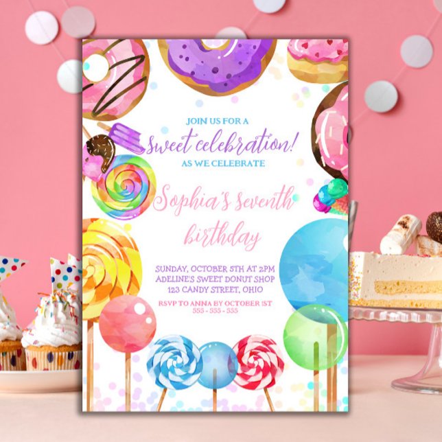Convite Doce Celebração Candy Lollypops Colorful Girl (Sweet Celebration Candyland theme Girl Birthday party invitation)