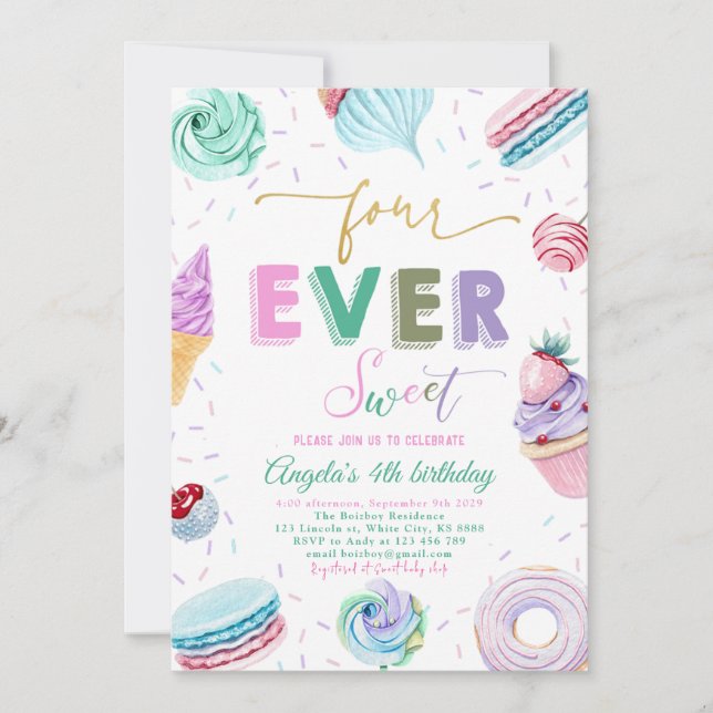 Convite Doce Celebração de Doces 4º Aniversário (Frente)