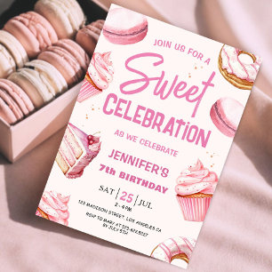 Convite Doce Celebração Donuts Rosa Menina 7º Aniversário