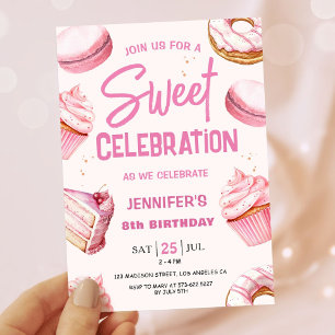 Convite Doce Celebração Donuts Rosa Menina 8º Aniversário