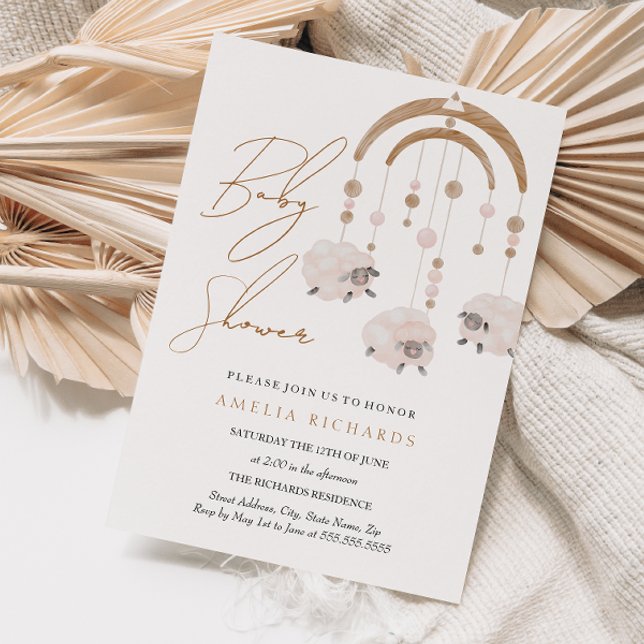 Convite Doce Chuveiro de Bebê Móvel de Ovelha Rosa Boho (Criador carregado)