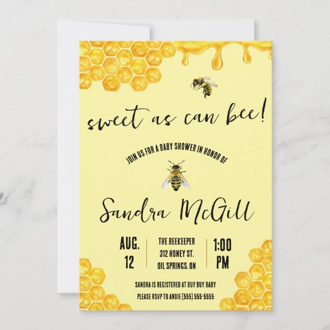 Convite Doce como a Abelha! Abelha de mel, Chá de fraldas (Frente)