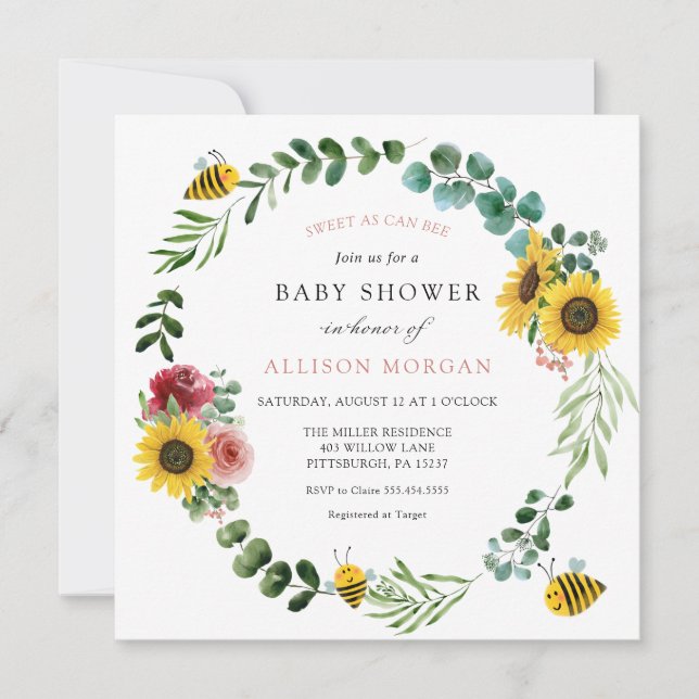 Convite Doce Como A Abelha Chá de fraldas Rosa De Girassol (Frente)