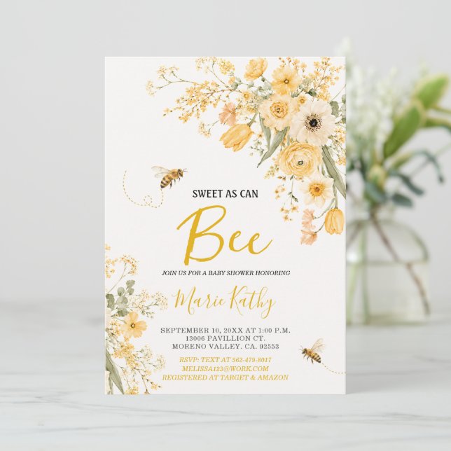 Convite Doce Como Abelha Flores Amarelas Chás de Bebê (Em pé/Frente)