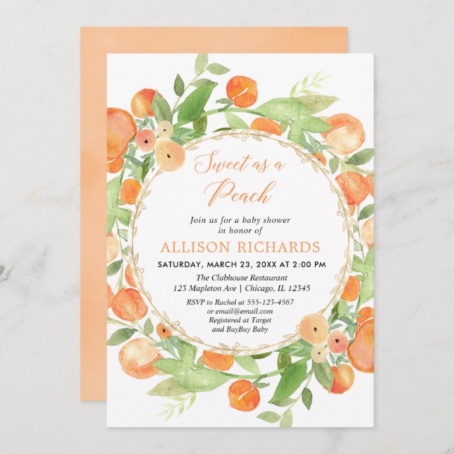 Convite Doce como chá de fraldas de pêssego (Frente/Verso)
