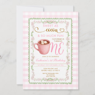 Convite Doce como Gingham Rosa de Cacau Primeiro Aniversár