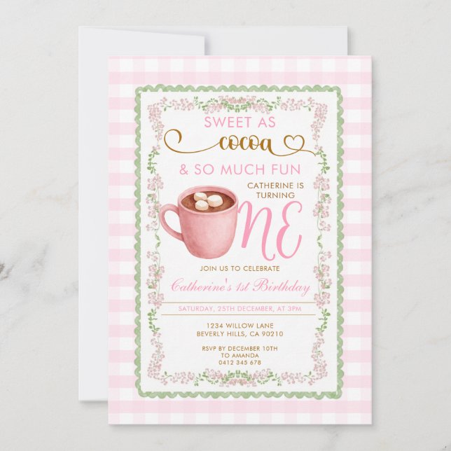 Convite Doce como Gingham Rosa de Cacau Primeiro Aniversár (Frente)