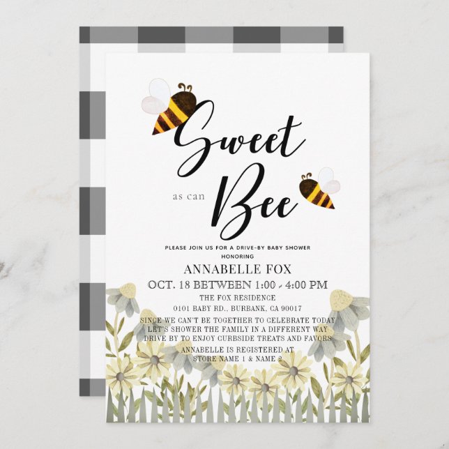 Convite Doce como o Bee Drive-by Chá de fraldas (Frente/Verso)