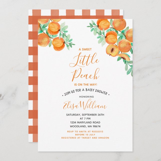 Convite Doce como Pêssego está no caminho Chá de fraldas (Frente/Verso)