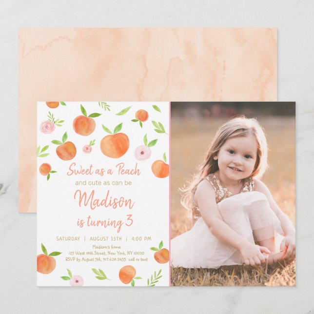Convite Doce Como Pêssego Terceiro Aniversário (Frente/Verso)