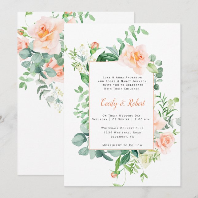 Convite Doce como um Quadro de Rosas em Aquarela Pêssego C (Frente/Verso)