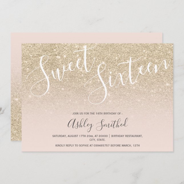 Convite doce cor-de-rosa-claro-dourado (Frente/Verso)