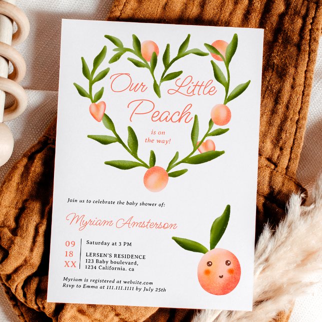Convite Doce coração, chá de fraldas de pêssego moderno (Sweet heart modern cute little peach baby shower invitation)