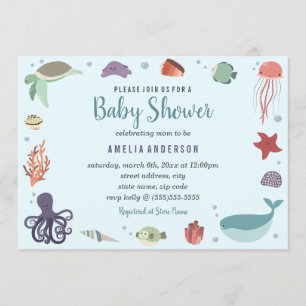 Convite Doce Criaturas Marinhas Coral Azul Baby Shower