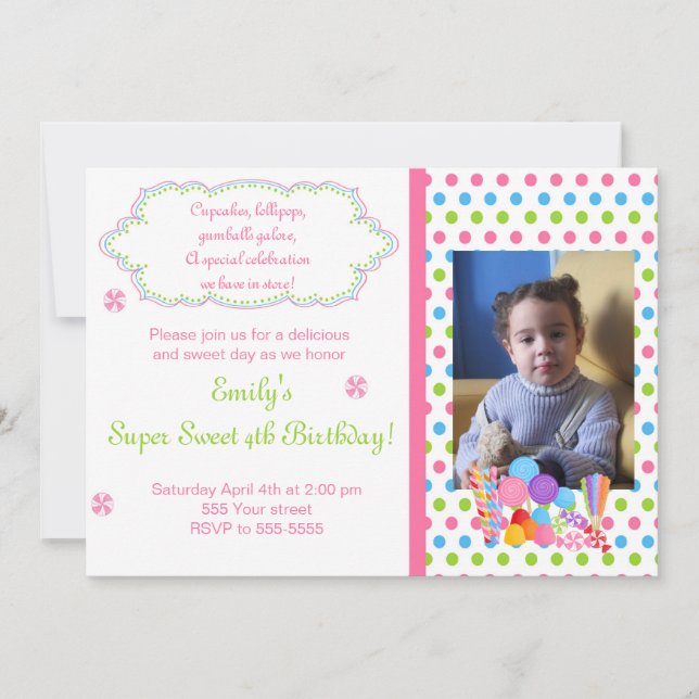 Convite doce da foto do aniversário do pirulito (Frente)