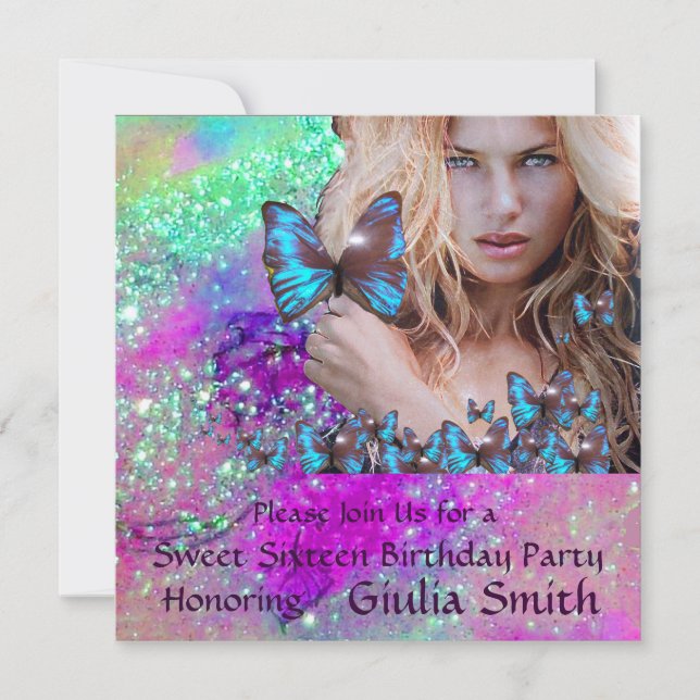 Convite DOCE DE BUTTERFLY AZUL MONOGRAMA DE 16 PARTES,Cham (Frente)