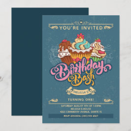 Convite Doce de Cupcake Colorido no Aniversário Azul