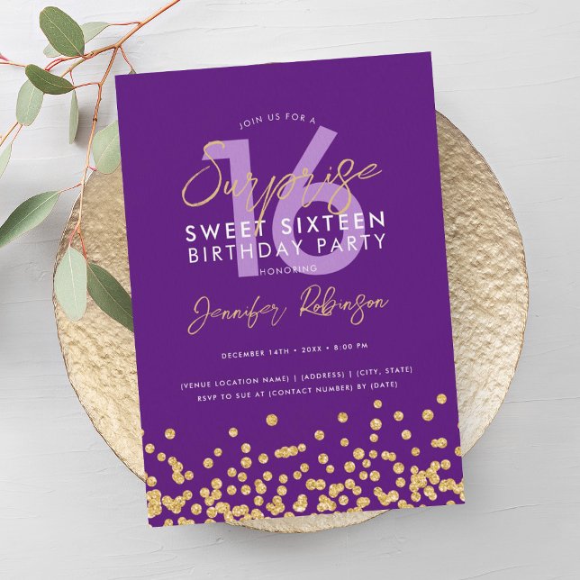 Convite Doce de Glitter Dourado Roxo Confetti (Purple Gold Glitter Confetti Surprise Sweet 16 Invitation)