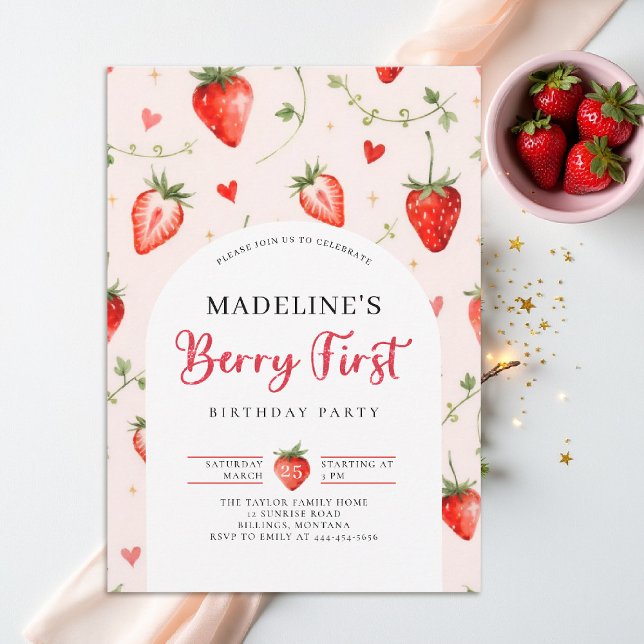 Convite Doce de Morango Arco de Verão Aniversário de 1 Ano (berry first birthday party invitation girls strawberry 1st watercolor summer farmhouse patch)