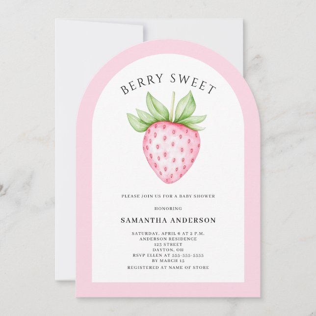Convite Doce de Morango Rosa Arco Menina Chã de Bebê  (Frente)