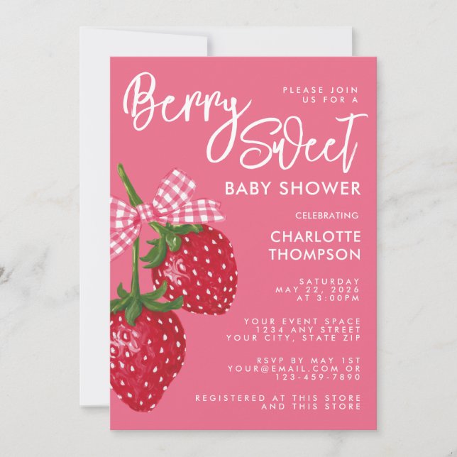 Convite Doce de Morango Rosa e Vermelho Baby Shower (Frente)