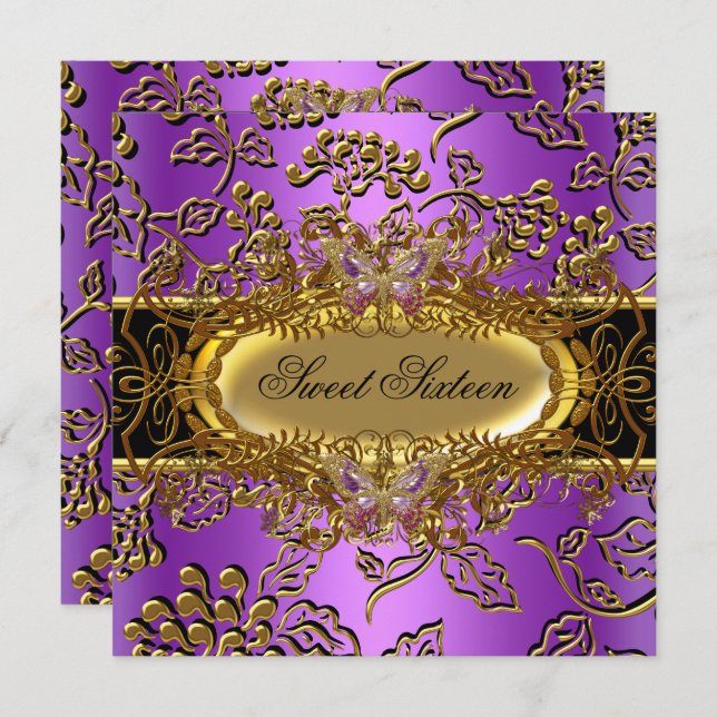 Convite Doce Dezesseis 16 Damask Purple Dourado Black (Frente/Verso)
