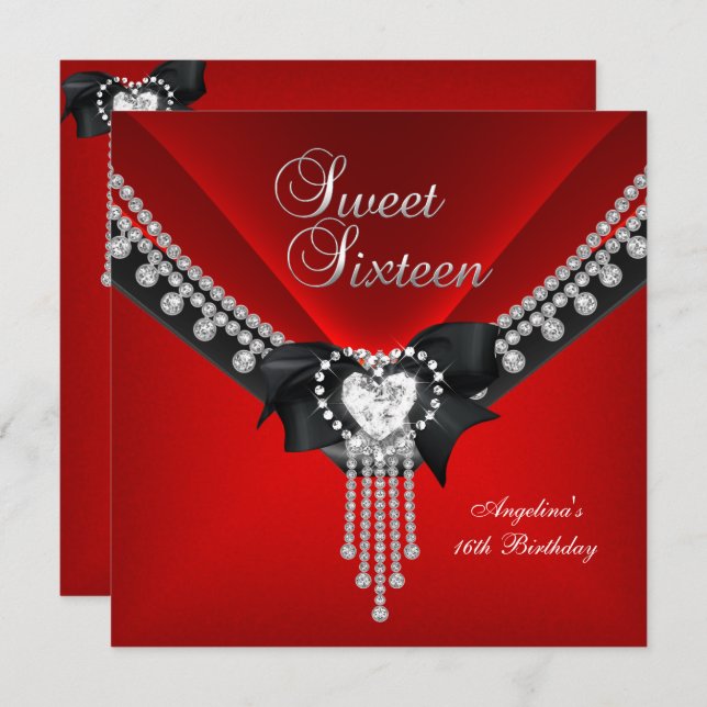 Convite Doce Dezesseis 16 Diamante Vermelho Negro Festa de (Frente/Verso)