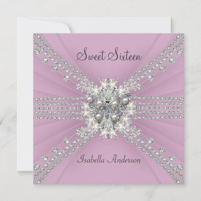 Convite Doce Dezesseis 16 Festa de aniversário Rosa Borbol (Frente)