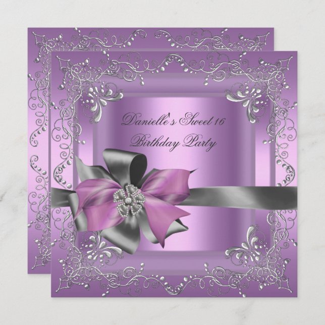 Convite Doce Dezesseis 16 Festas de aniversário Lilac Prat (Frente/Verso)