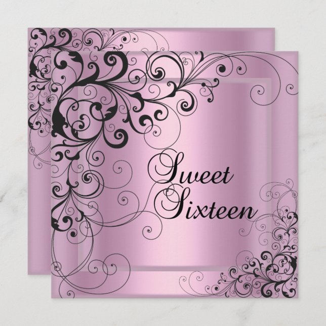 Convite Doce Dezesseis 16 Festas de aniversário - Preto-Co (Frente/Verso)