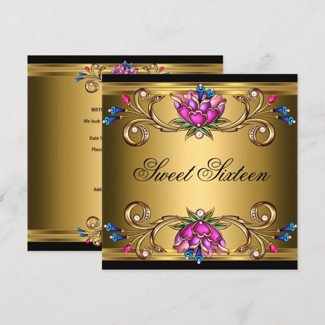 Convite Doce Dezesseis 16 Festas de aniversário Preto-Dour (Frente/Verso)