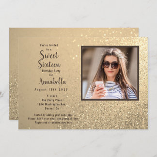 Convite Doce Dezesseis 16 Foto Dourada de Aniversário