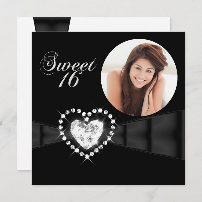 Convite Doce Dezesseis 16 Foto Festa de aniversário Preto (Frente/Verso)