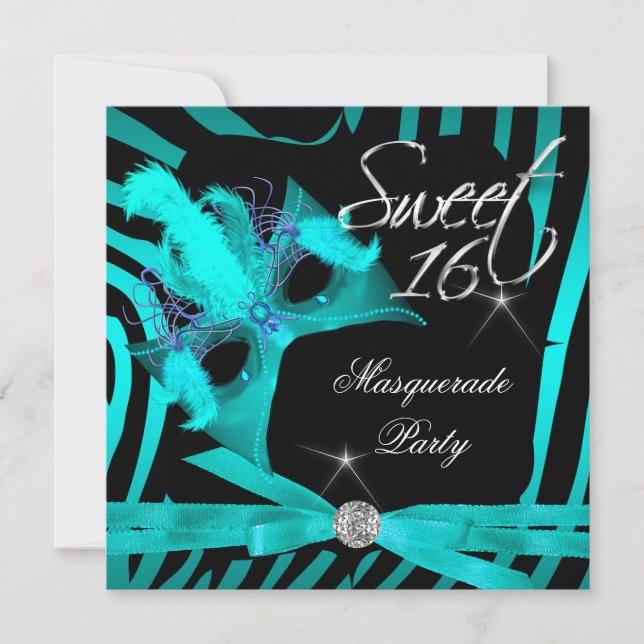 Convite Doce Dezesseis 16 Mascarada Azul Teal Zebra (Frente)